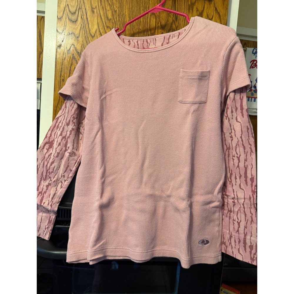 Mossy Oak Womens Pink Camo Layered Long Sleeve Thermal Waffle Knit Shirt Large